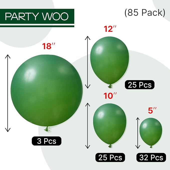 PartyWoo Dark Green Balloons 85 pcs Green Balloons Hunter Different Sizes Pack of 18 12 10 5 Inch Emerald Arch Kit Balloon Garland as Christmas Party Decorations Green-Y56