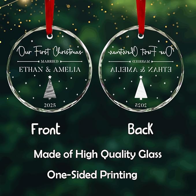 Personalized Round First Christmas Crystal Glass Ornaments Custom 2025 Name Ornament for Christmas Tree Decorations Customized Xmas Tree Hanging Gifts for Family Lover