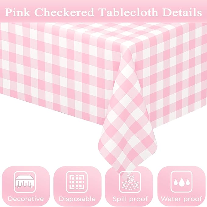 6 Pack Pink Gingham Tablecloth Rectangular Pink and White Checkered Tablecloths Disposable Plastic Pink Plaid Table Cover for Parties, Outdoor Picnic, Birthday, Wedding, Camping 54 × 108 Inch