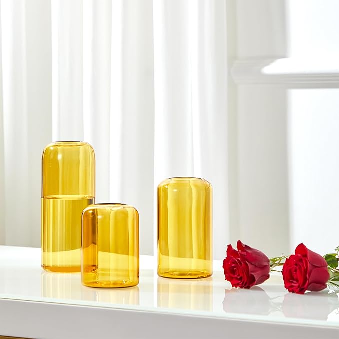 ZENS Glass Bud Vase Set of 3, Hand Blown Small Amber Bud Vases for Flower Decorative, Modern Cylinder Clear Glass Vase for Wedding,Living Room Home Décor