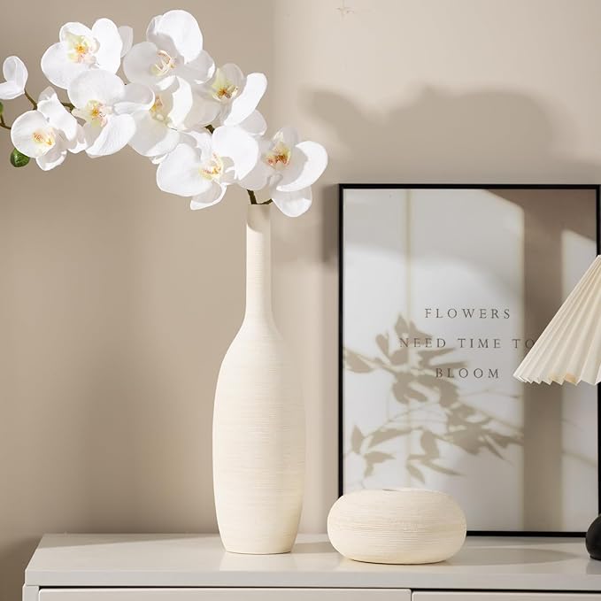Ceramic Vase Set of 3 Flower Vases Home Decor Modern Boho Rustic Farmhouse Large Decorative Aesthetic Minimalist Matte Vases for Centerpieces Living Room Table Shelf (Beige White)