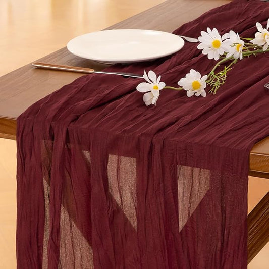 Socomi 6pcs Burgundy Red Fall Thanksgiving Cheesecloth Table Runner Boho Rustic Gauze 120 inch 10FT Cheese Cloth Runner for Wedding Party Baby Shower Birthday Home Decor Holiday Decorations