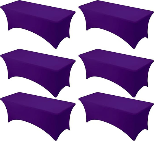6-Pack Premium Purple Spandex Tablecloths for 8ft Rectangle Tables, Stain & Wrinkle-Resistant, Washable Stretch Polyester Fitted Table Cover for Weddings, Banquets, Trade Shows Events