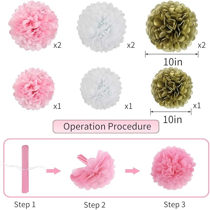 Pink Gold Party Decorations, Pink Gold Paper Lanterns and Pom Poms Flowers for Birthday Party Baby Showers Engagement Tea Party Decor 15PCS