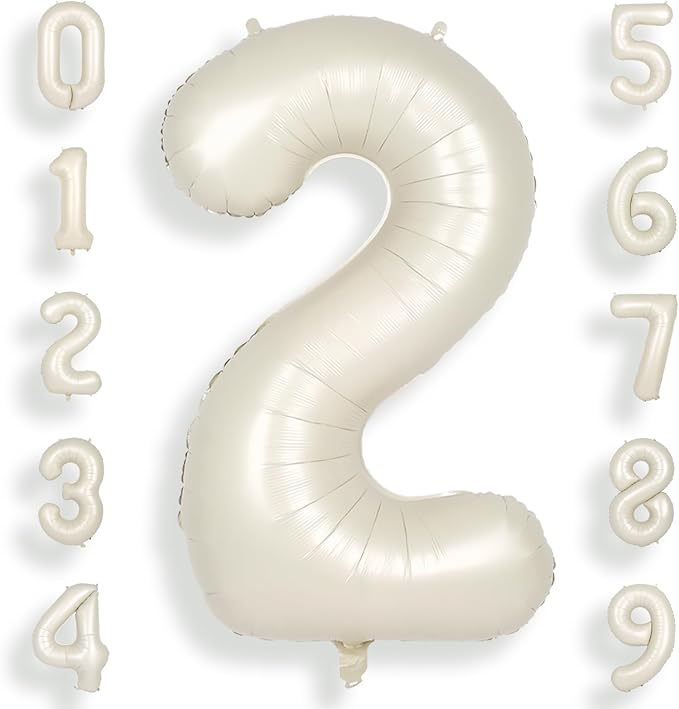 SUWEN 40 Inch Cream White Large 2 Number Balloons Big Foil Helium Number Balloons 0-9 Jumbo Happy 2nd Mylar Birthday Party Decorations for Boy or Girl Anniversary Party Supplies