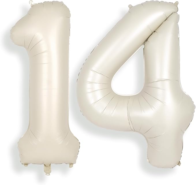 SUWEN 40 Inch Cream White Large 14 Number Balloons Big Foil Helium Number Balloons 0-9 Jumbo Happy 14th Mylar Birthday Party Decorations for Boy or Girl 41 Anniversary Party Supplies