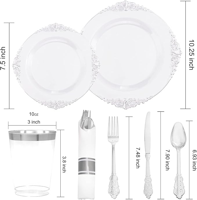Morejoy 350PCS Clear Silver Plastic Plates - Silver Disposable Plates sets Include 50 Dinner Plates,50 Salad Plates,50 Forks,50 Knives, 50 Spoons，50 Cups, 50 Rolled Napkins for Wedding & Party