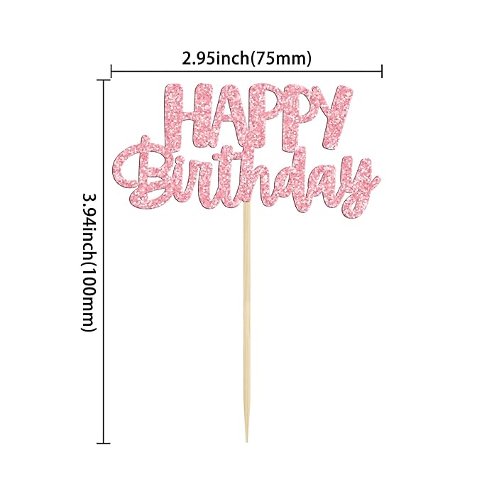 Gyufise 24pcs Happy Birthday Cupcake Toppers - Pink Glitter Celebrating Cake Picks - Baby Shower & Kids Party Decoration Supplies