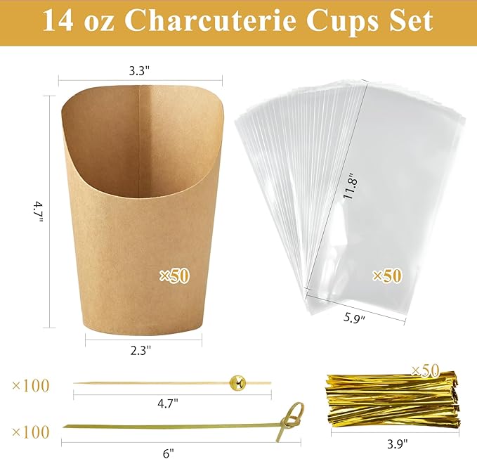 50 Sets 14 oz Charcuterie Cups with Sticks, Individual Kraft Paper Charcuterie Boxes Disposable Individual Appetizer Serving Cups (50 Cups + 200 Cocktail Picks + 50 Bags + 50 Ties)