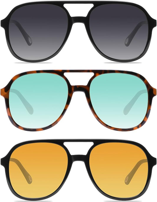 YDAOWKN Retro Square Aviator Sunglasses for Womens Mens Vintage 70s Double Bridge Sun Glasses