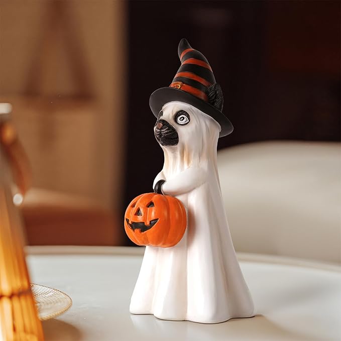 Halloween Decorations Halloween Ghost Figurine, Sculpted Hand-Painted Cat Figurine Gift, Ghost Figurines for Home, Office, Desk Decor, Cute Ghost Decor Home Decor Indoor (White-Orange)