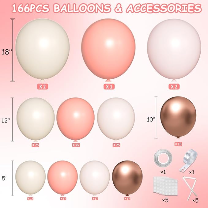Pink and Gold Balloons Garland Arch Kit, 166Pcs Dusty Pastel Pink White Sand Rose Gold Metallic Balloon for Wedding Bridal Shower Princess Party Girl Birthday Baby Shower Decoration