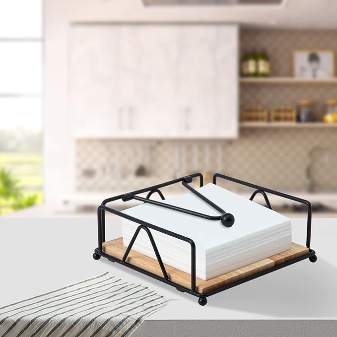Square Napkin Holder - Durable Table Napkin Dispenser with Weighted Arm, Metal Napkin Storage with Wooden Base, Farmhouse Napkin Holder for Table, Kitchen and Countertops (Black)