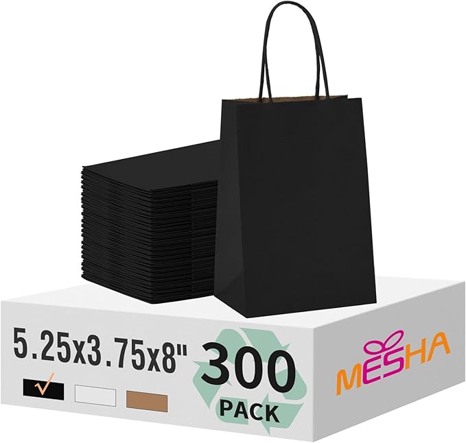 MESHA Gift Paper Bags 300 PACK 5.25x3.75x8'' Black Small Shopping Kraft Bags Bulk with Handles Reusable for Business,Grocery,Birthday,Wedding,Kids Party,Favors
