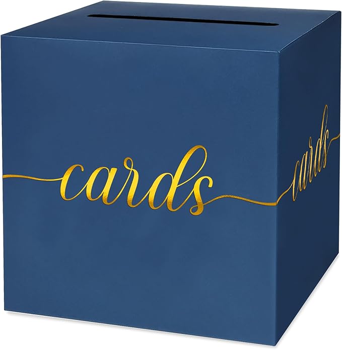 1 Pack Navy Blue and Gold Foil Card Box for Party, 8.7" Navy Blue Gift Card Box Money Box for Birthday, Wedding, Baby Shower, Retirement, Anniversary, Graduation, Raffle Ticket
