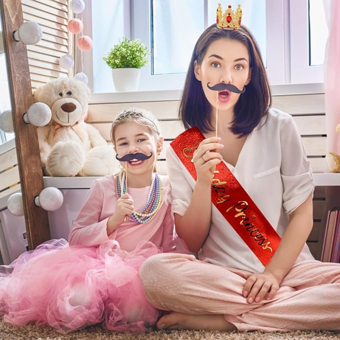 Birthday Princess Sash for Women Tiara & Crowns Headbands for Girls Happy Birthday Party Accessories Favor Supllies Leona Gold Red Pink, 2 Pack