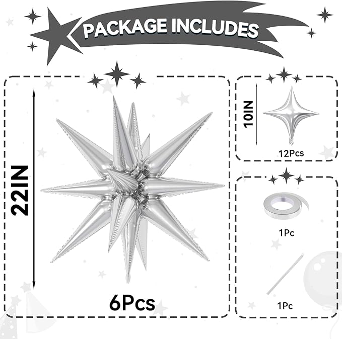 18 Pcs Silver Star Balloons, Silver Balloon with 6 Pcs 22-Inch Explosion Star Balloons 12Pcs 10-Inch Four Pointed Stars Foil Balloon for Anniversary Wedding Disco Birthday Party Decorations