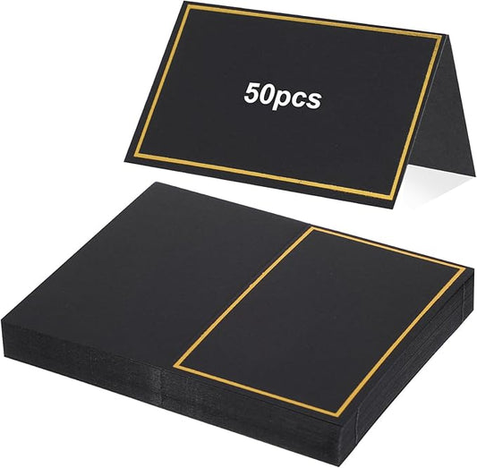 50 Pcs Place Cards for Table Setting, 2×3.34inch Table Tent Cards with Gold Foil Border, Food Labels for Party Buffet, Name Seating Cards for Weddings, Banquets, Events, Dinner Parties(Black)