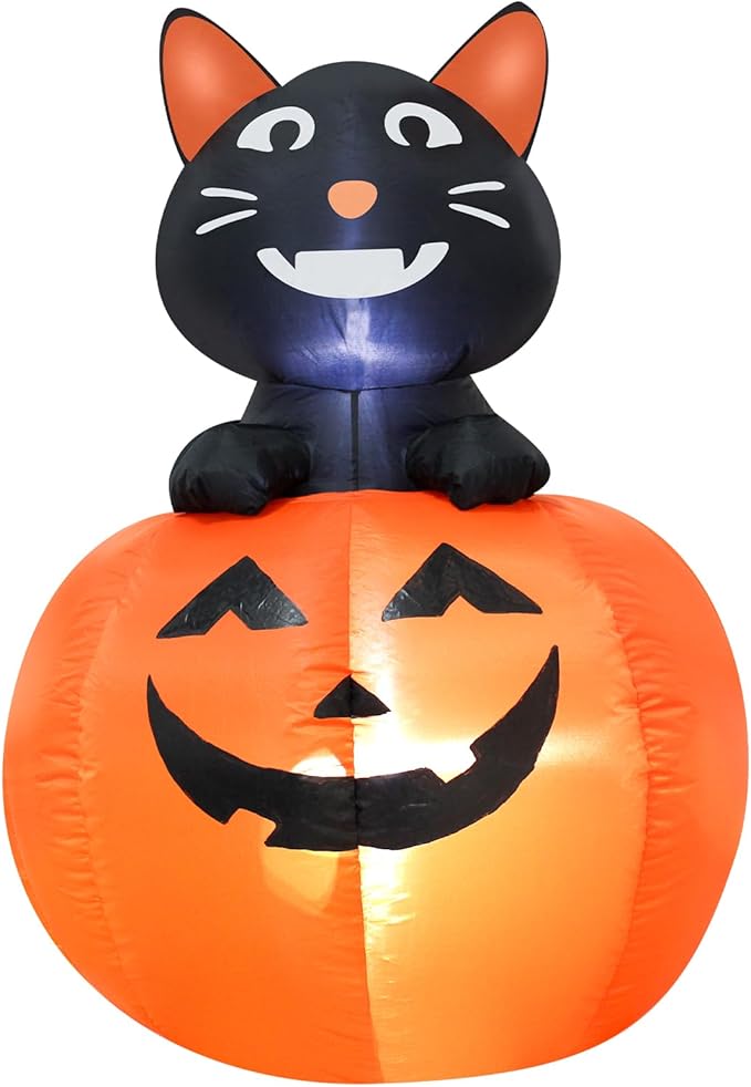 4FT Black Cat Halloween Pumpkin Inflatable Decoration Blow up Decoration with LED Lights Indoor Outdoor Yard Graden Holiday Party Decor