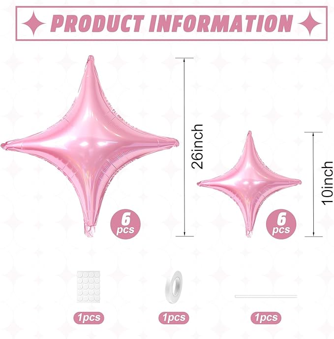 Pink Star Balloons,12Pcs Four Angle Star Foil Balloons,26Inch and 10Inch Pink Quadrangle Helium Polyester Film Balloon for Birthday Anniversary Baby Shower Wedding Party Decorations