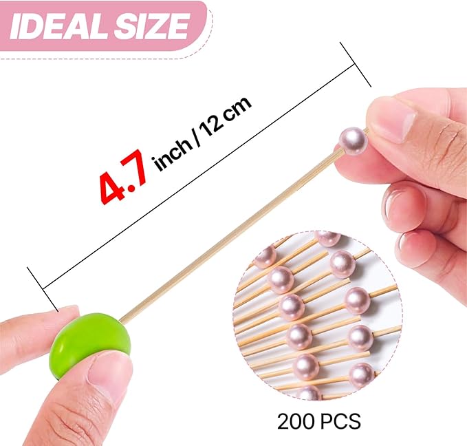 PuTwo Cocktail Picks 4.7 Inch 200pcs Bamboo Fancy Skewers Toothpicks for Appetizers Pink Pearl Toothpicks for Food Drink Fruit Sandwich BBQ Charcuterie Boards Accessories Birthday Party Supplies