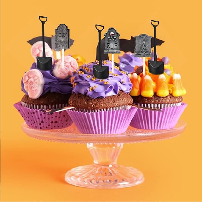 Halloween Cupcake Toppers Cake Decorations Tombstones Graveyard Skull Cupcake Toppers Pick Decor with Novelty Mini Shovel Spoons for Halloween, Birthday Party Decoration Supplies, 24 Pieces