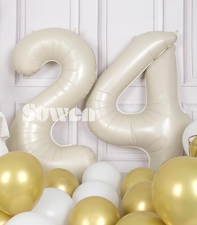 SUWEN 40 Inch Large Cream White 24 Number Balloons Big Foil Helium Number Balloons 0-9 Jumbo Happy 24th Mylar Birthday Party Decorations for Women or Men 42 Anniversary Party Supplies