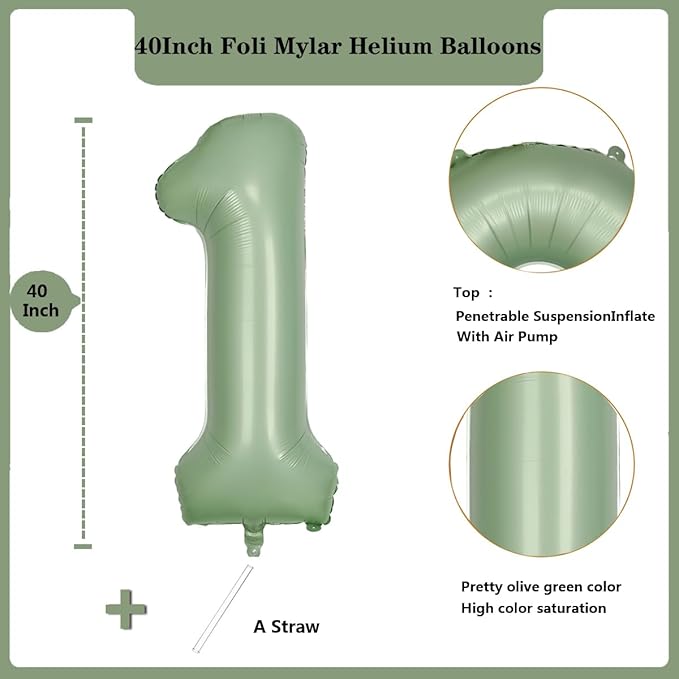 40 Inch Green Number 1 Balloon Olive Green Foil Balloons Sage Green 1 Balloons Mylar Helium Balloon for Birthday Party Decorations Girls Boys Baby Shower Wedding Anniversary Decoration (Number 1)