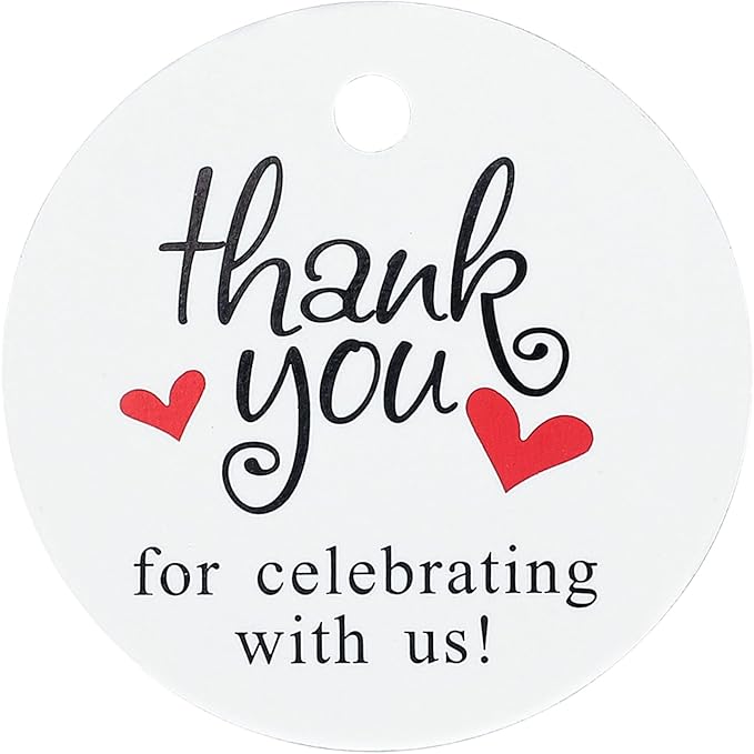 G2PLUS Thank You Tags, 100PCS Thank You for Celebrating with Us Tags, 2 in White Round Gift Tag with String for Gift Wrapping, Wedding Party Favors