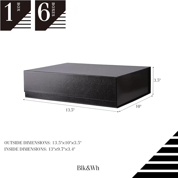 BLK&WH 6 Large Gift Boxes 13.5x10x3.5 Inches, Black Gift Boxes with Magnetic Closure Lids, Sturdy Shirt Boxes, Rectangle Collapsible Boxes for Gift Packaging (Glossy Black)