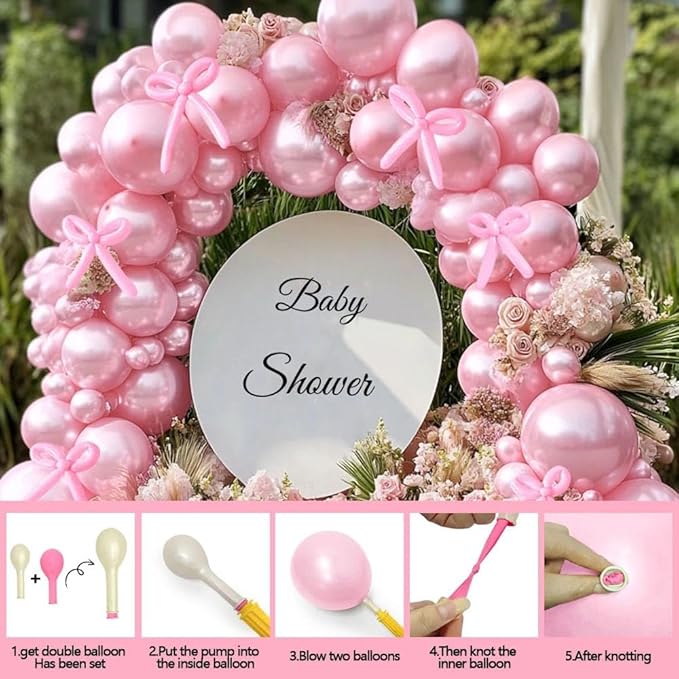 Pearl Pink Balloon Double Stuffed Pearl Balloons Garland Hot Baby Pink Arch Kit with Long Balloons Different Size for Birthday Wedding Girl Baby Shower Anniversary Decoration
