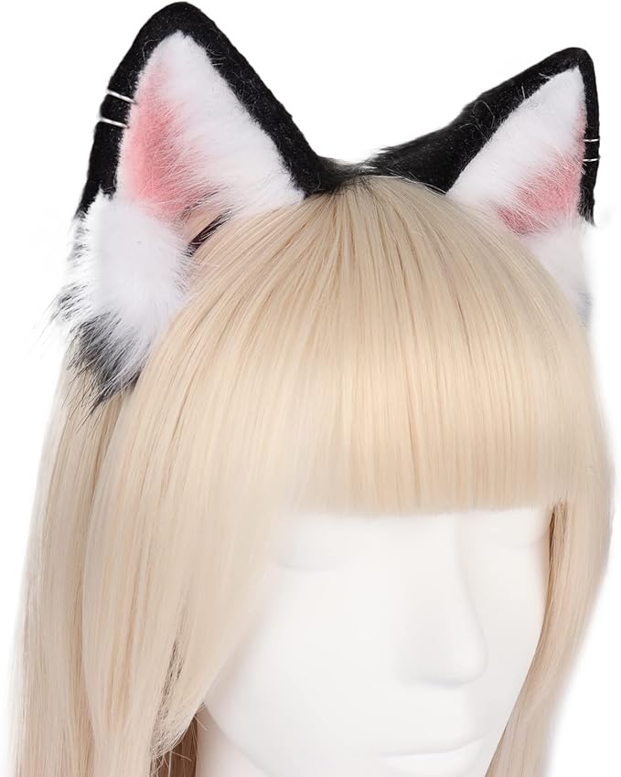 QinRuan Animal Cosplay Costume Accessories Furry Faux Fur Cat Ears Headband and Fox Tail Set Halloween Accessory