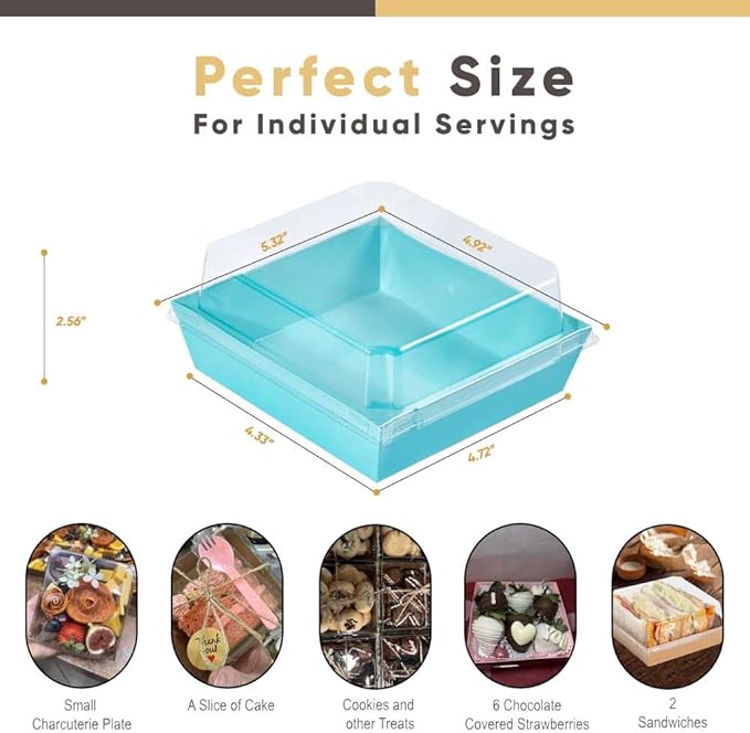 50 Pack Small Charcuterie Boxes with Clear Lids - To Go Paper Mini Charcuterie Box, Disposable Food Containers, 5Inch Dessert Boxes - Sandwich, Cookie, Sushi, Cake Slice, Strawberries (Blue)
