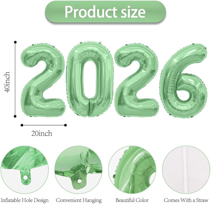 2026 Balloons Number Balloons 2026 Balloon Numbers, 40 Inch Foil Number Balloon for New Year Eve Festival Christmas Birthday Wedding Anniversary New Years Decorations Party Supplies Green