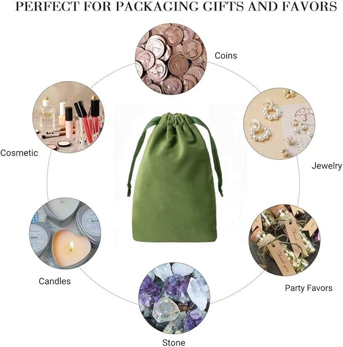 12pcs Moss Green Velvet Drawstring Bags 4x6 inches Small Velvet Cloth Gift Bags Jewelry Pouches for Storage Wedding Party Favor Christmas