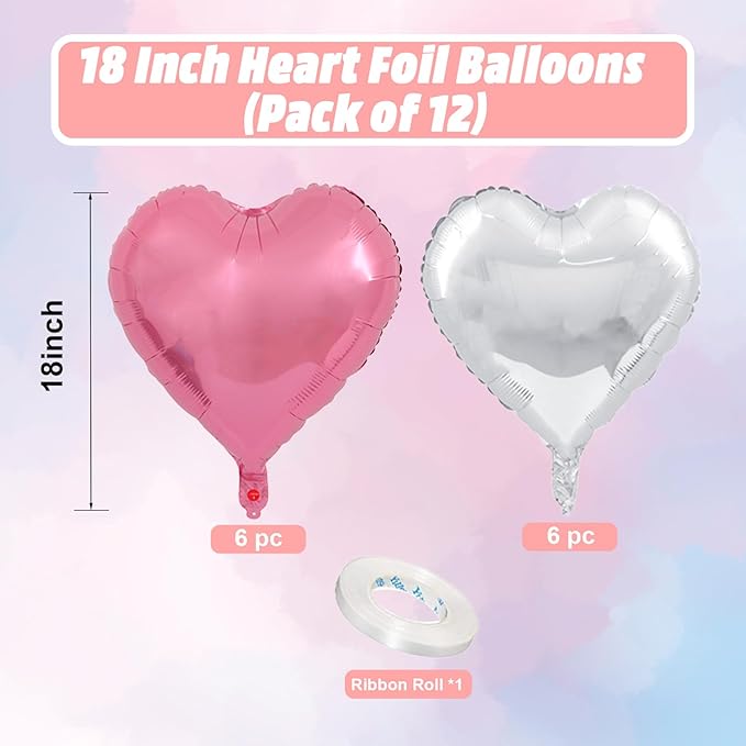 Pink Silver Heart Balloons, 18 Inch Pearl Pink and Silver Heart Shape Balloons, 12PCS Helium Love Foil Balloon for Birthday Baby Shower Engagement Wedding Party Decorations