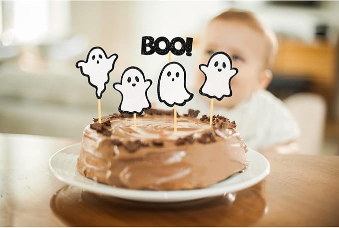 24 Pack Glitter Halloween Ghost Cupcake Toppers - Baby Shower Decor Gender Reveal Decorations (Black)