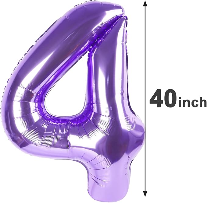 Jumbo Mylar Purple Number 4 Balloon 40 Inch, Big Number 4 Balloons Birthday Decorations, 4th Four 4 14 24 24 44 54 64 Year Old Birthday Party, Large Size Digit Numbers Balloon Supplies