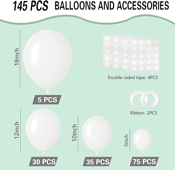 White Balloons 145pcs Different Sizes 5in 10in 12in 18in White Latex Balloon Helium Arch Kit Garland for Graduation Wedding Baby Shower Birthday Party Decoration