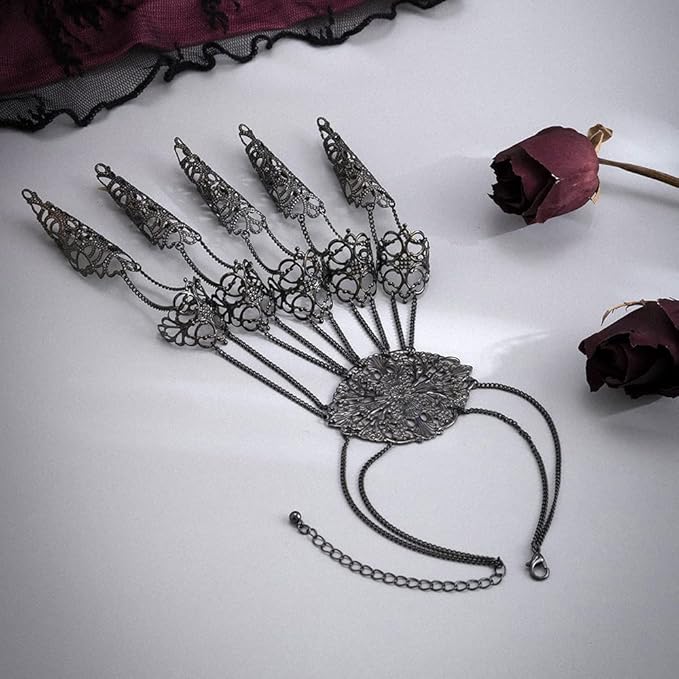 Octwine Pack of 1 Halloween Ancient Queen Finger Nails Tip Claw Bracelet Belly Dance Hand Chain Cosplay Vintage Bracelet for Women (Black)