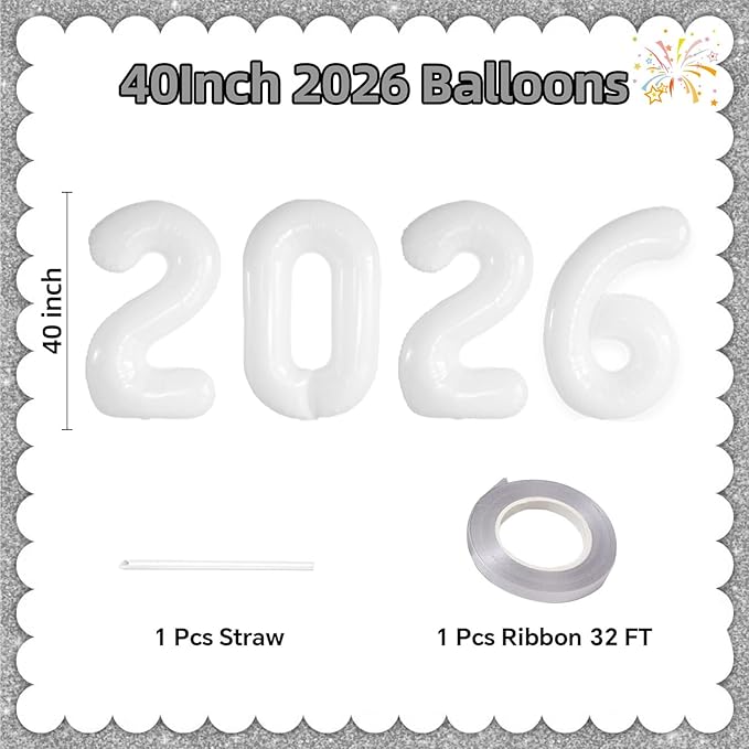 KALOR 42 Inch 2026 White Foil Mylar Number Balloons, Giant 2026 New Years Decorations for 2026 Happy New Year Eve and Graduations Party Supplies