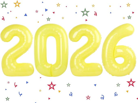 2026 Balloon - Yellow Birthday Number Balloons, 40 Inch Large Foil Balloons for Men Women Boys Girls Macaron Yellow Themed Birthday Decorations，Number 2026 Balloon