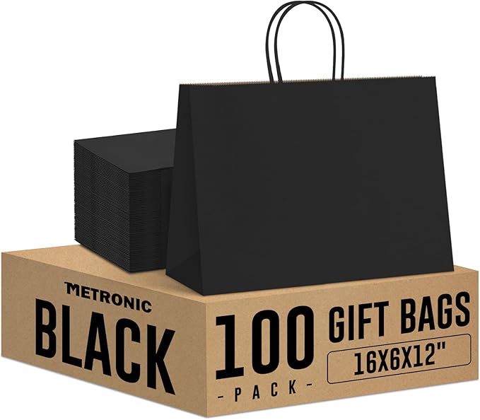METRONIC 100 Pack 16X6X12 Large Black Paper Gift Bags, Kraft Shopping Bag with Handles for Small Business, Boutique, Gift Wrap, Bulk