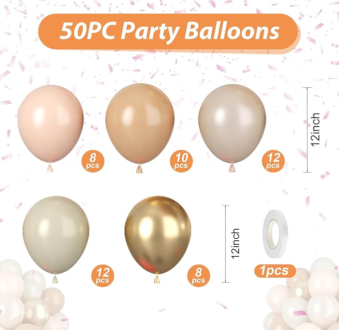 Nude White Gold Balloons, 50pcs Beige Neutral Balloons, Retro Nude Cream White Double Stuffed Gold Balloons for Boho Wedding Birthday Party Bachelorette Baby Shower Gender Reveal Decorations