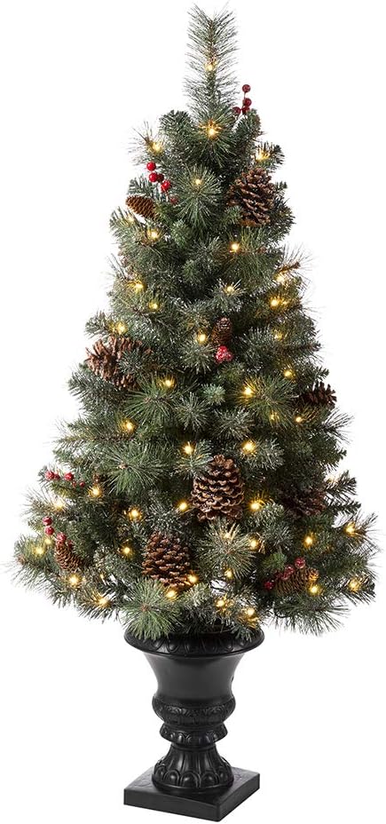 Glitzhome 4ft Christmas Tree,Pre-Lit Artificial Small Christmas Tree for Entrance Flocked Potted Tree with 100 Warm White Lights,224 Pine Needle&PVC Branch Tips,Pinecones&Berries for Porch Xmas Decor