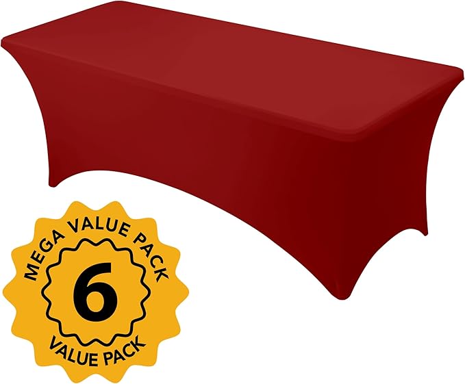 6-Pack Premium Red Spandex Tablecloths for 8ft Rectangle Tables, Stain & Wrinkle-Resistant, Washable Stretch Polyester Fitted Table Cover for Weddings, Banquets, Trade Shows Events