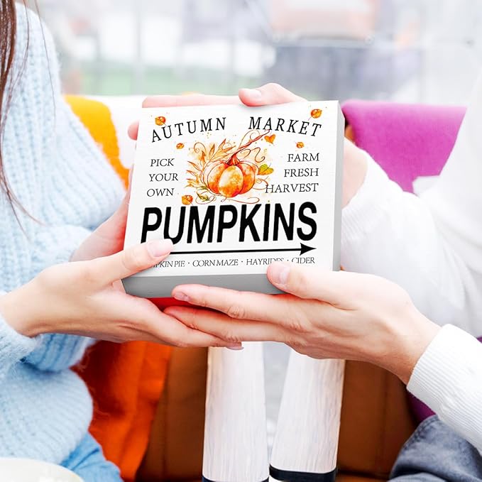 Funny Autumn Wood Box Sign Autumn Market Pumpkins Wooden Block Desk Decor for Home Office Kitchen Cubicle Table Shelf Tabletop,Farmhouse Fall Sign Decor