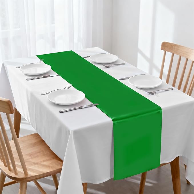 10 Pack Satin Table Runner 12 x 108 Inch Long,Satin Silk Table Runner for Wedding,Birthday Party and Banquet Decoration,Emerald