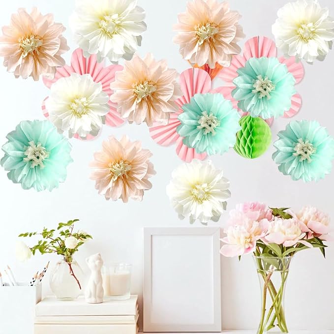 12pcs 8in 10in Paper Flowers Tissue Flowers Pom Mint Cream Peach Kit Paper Pom Poms Hanging Paper Flowers Wall Backdrop Wedding Party Flower Decorations DIY Art Craft Blooms for Birthday Baby Shower
