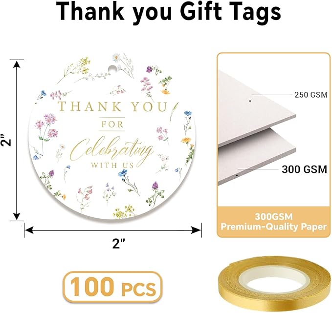 50PCS Thank You Gift Tags, 2x2 inch Wildflower Personalized Gift Tags with String for Wedding Birthdays Party Favors Baby Shower Bridal Shower